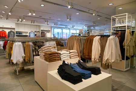 SHENZHEN, CHINA - CIRCA NOVEMBER, 2019: apparel on display at H and M store in Shenzhen.