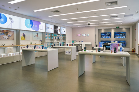 SHENZHEN, CHINA - CIRCA NOVEMBER, 2019: interior shot of Honor store in Shenzhen. Honor is a...