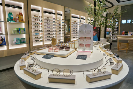 SHENZHEN, CHINA - CIRCA NOVEMBER, 2019: glasses on display at the store in Shenzhen.のeditorial素材