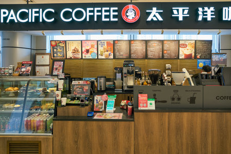 SHENZHEN, CHINA - CIRCA NOVEMBER, 2019: interior shot of Pacific Coffee in Shenzhen. Pacific Coffee is a coffee house chain from Hong Kong.のeditorial素材