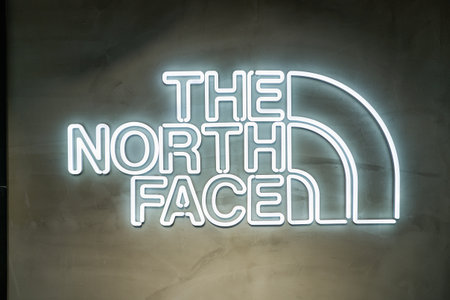 SHENZHEN, CHINA - CIRCA NOVEMBER, 2019: close up shot of The North Face sign. The North Face is an American outdoor recreation products companyのeditorial素材
