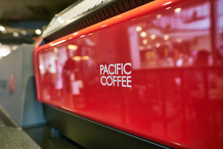 SHENZHEN, CHINA - CIRCA NOVEMBER, 2019: close up shot of Pacific Coffee sign as seen at coffee shop...