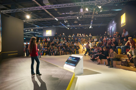 COLOGNE, GERMANY - CIRCA SEPTEMBER, 2018: Nikon space at Photokina Exhibition. Photokina is a trade fair held in Europe for the photographic and imaging industries.のeditorial素材