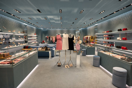 BANGKOK, THAILAND - CIRCA JANUARY, 2020: interior shot of Miu Miu store in Siam Paragon shopping mall. Miu Miu is an Italian high fashion women's clothing and accessory brand and a fully owned subsidiary of Prada.のeditorial素材