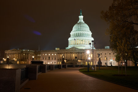 WASHINGTON D.C., USA - CIRCA APRIL, 2011: street level view of the east front of the United States Capitol at night.のeditorial素材