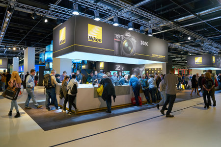COLOGNE, GERMANY - CIRCA SEPTEMBER, 2018: Nikon space at Photokina Exhibition. Photokina is a trade fair held in Europe for the photographic and imaging industries.のeditorial素材