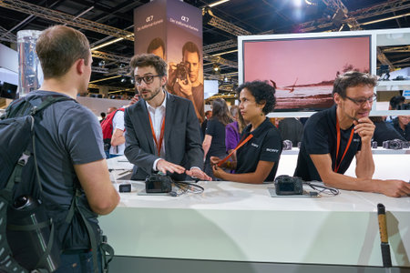 COLOGNE, GERMANY - CIRCA SEPTEMBER, 2018: atmosphere at Sony space in Photokina Exhibition. Photokina is a trade fair held in Europe for the photographic and imaging industries.のeditorial素材