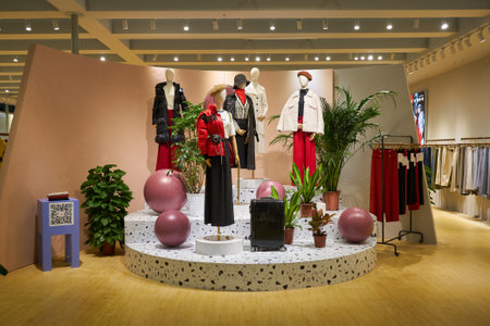 SHENZHEN, CHINA - 27 NOVEMBER, 2019: dressed mannequins displayed at Fashion Source space in Shenzhen Convention & Exhibition Center.のeditorial素材
