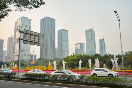 SHENZHEN, CHINA - 27 NOVEMBER, 2019: Shenzhen urban landscape during civil twilight.のeditorial素材