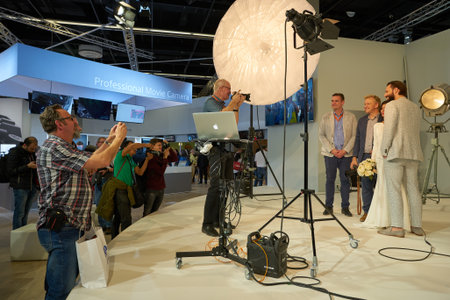 COLOGNE, GERMANY - CIRCA SEPTEMBER, 2018: atmosphere at Sony space in Photokina Exhibition. Photokina is a trade fair held in Europe for the photographic and imaging industries.のeditorial素材