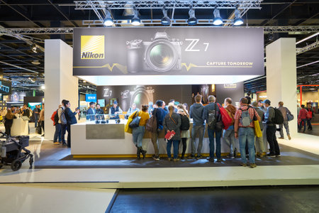 COLOGNE, GERMANY - CIRCA SEPTEMBER, 2018: Nikon space at Photokina Exhibition. Photokina is a trade fair held in Europe for the photographic and imaging industries.のeditorial素材
