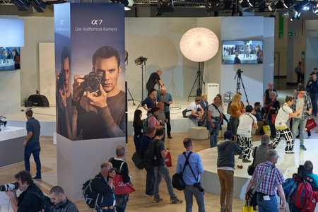 COLOGNE, GERMANY - CIRCA SEPTEMBER, 2018: atmosphere at Sony space in Photokina Exhibition. Photokina is a trade fair held in Europe for the photographic and imaging industries.のeditorial素材