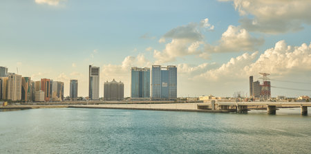 ABU DHABI, UAE - CIRCA JANUARY, 2020: Abu Dhabi urban landscape at dusk.のeditorial素材