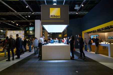 COLOGNE, GERMANY - CIRCA SEPTEMBER, 2018: Nikon space at Photokina Exhibition. Photokina is a trade fair held in Europe for the photographic and imaging industries.のeditorial素材