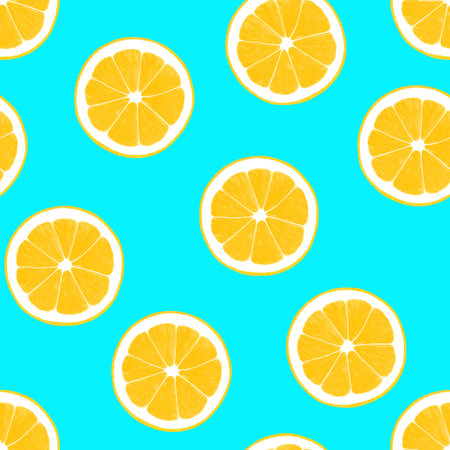 Bright seamless pattern with lemons fruit slices Asymmetric print with yellow halves of lemon on...