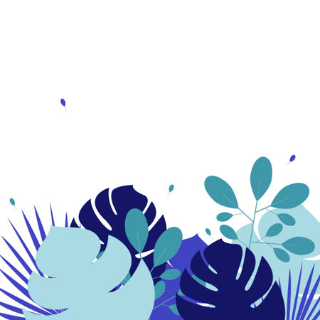 Many tropical and exotic leaves in blue shades on a white background Poster template with copy space in flat styleのイラスト素材