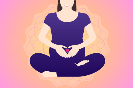 Woman with big belly is sitting in purple tracksuit in lotus pose on abstract gradient backgroundのイラスト素材