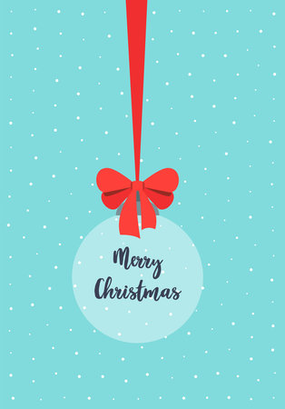 Transparent decorative ball with red ribbon on light blue snowy backdropのイラスト素材