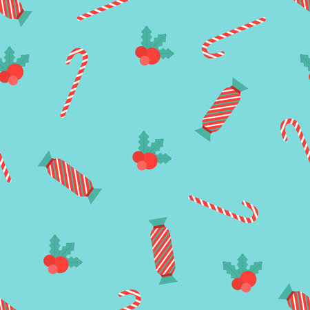 Seamless pattern Bright candy canes and season berries on light blue backgroundのイラスト素材