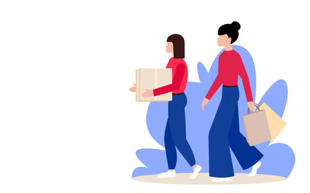Shopping girls Vector illustration Two women are carrying boxes and paper packs in hands on white backdrop with blue wavy decorationのイラスト素材