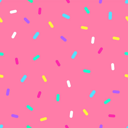 Vector seamless pattern of pink donut glaze with colorful decorative sprinkles Bright icing with colorful decorative sprinkles on pink background Flat designのイラスト素材
