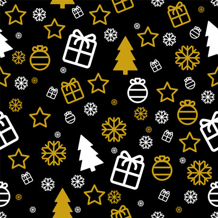Christmas seamless pattern Vector wrapping paper template White and gold icons gifts, snowflakes, baubles, stars and fir trees on black backdropのイラスト素材