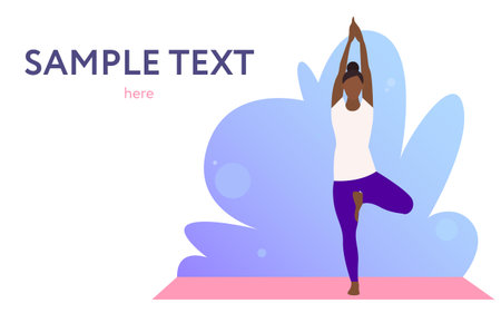 Practice yoga Vector template for posters and banners with copy space Black woman is posing on pink yoga mat against white backdrop with blue wavy decorative shapeのイラスト素材