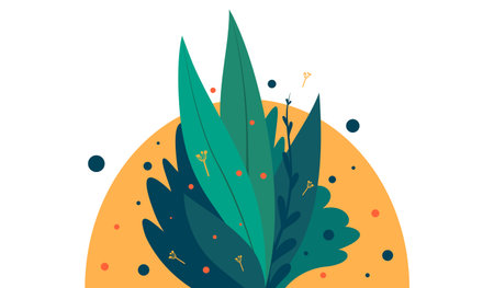 Growing bush Vector illustration in flat design Different green lush foliage on white backdrop with orange oval shape Template with copy spaceのイラスト素材