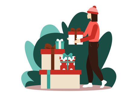 Christmas gifts Vector illustration in flat design Girl in winter clothes is carrying present to heap of gift boxesのイラスト素材
