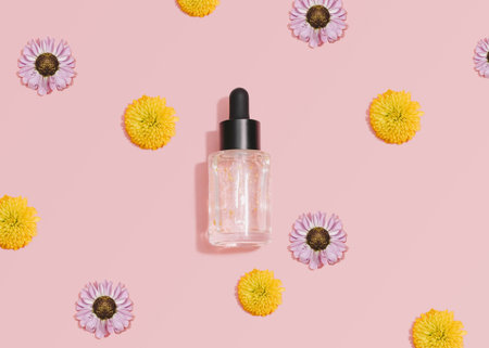Serum Top view photo in minimal style Facial gel in glass bottle and many flowers buds on pink...