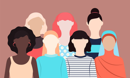 Sisterhood and friendship Vector illustration in flat design Seven women of different nationalities in their casual style on dusty brown backdropのイラスト素材