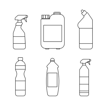 Plastic containers Vector icons set in outline style Six bottles for cleaning and disinfection isolated on white backgroundのイラスト素材
