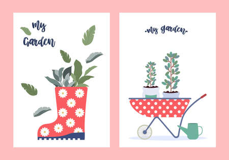 Gardening Template for postcards in flat design Bush flowers in textured red rubber boots on white background Red wheelbarrow in polka dot with tree seedlings and blue watering can on white backgroundのイラスト素材