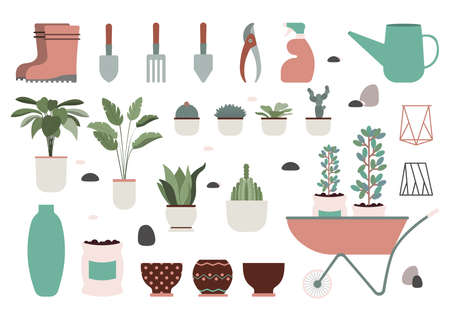 Home garden Vector icons set in flat design Garden tools, plants and flowers in pots. Trendy domestic hobby elements isolated on white backdropのイラスト素材