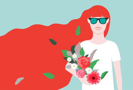 Spring flowers Vector illustration in flat design Redhead girl in sunglasses is holding bouquet of garden flowers in her hands on light blue backdropのイラスト素材