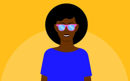 Smiling woman Vector illustration in flat design Black woman in pink sunglasses and in blue dress on yellow backdropのイラスト素材