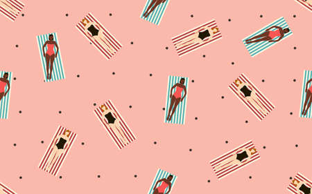Summertime beach Vector illustration in flat design Seamless pattern with tan girls in swimsuits on...