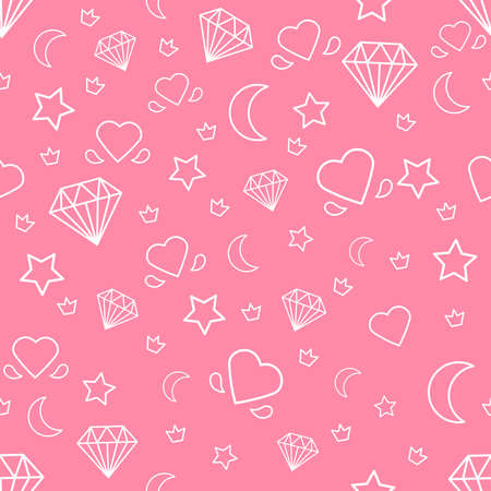 Cute seamless pattern with magic symbols Vector illustration White diamonds, heart signs, stars, moon, crowns in outlines on pink backgroundのイラスト素材