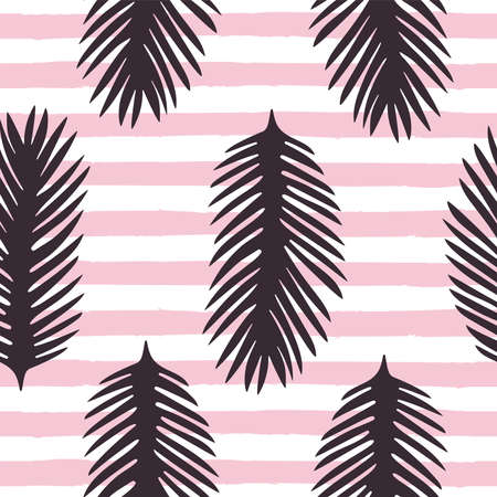 Cute palm leaf seamless pattern Vector illustration Tropical lush foliage on pink and white striped backgroundのイラスト素材