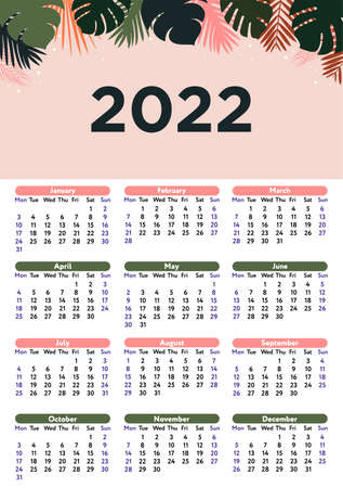 Design template for 2022 year calendar Vector illustration in flat design Wall yearly planner with...