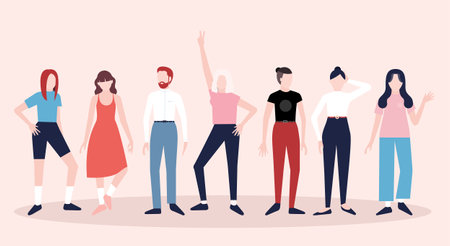Diverse group of people on pink background Vector illustration in flat design Simple characters of...