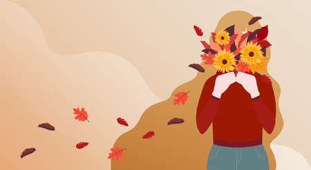 Fall season. Vector illustration with copy space. Long-haired girl with autumn bouquet in her hands...