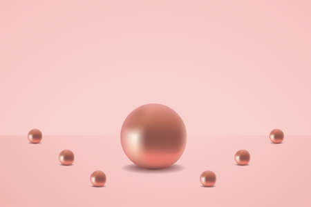 Vector illustration with gold balls. 3D render. One big and six small shining balls on pink backdropのイラスト素材