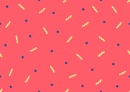 Vector illustration with confetti. Seamless pattern in minimal style. Colorful round and wavy decoration on red backgroundのイラスト素材