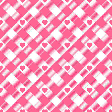 Cute bright gingham seamless pattern. Vector illustration. Pink vichy texture with heart symbols on...
