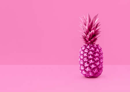 Pineapple. Photo with copy space in minimal style. Tropical fruit standing on pink background. monochrome colored compositionの写真素材