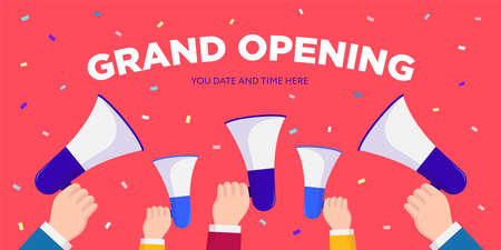 Grand opening. vector illustration. flat design. Many hands with megaphones on bright backdrop with...