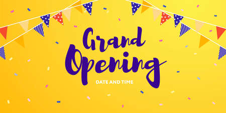 Grand opening vector template. Cute inscription with colorful flags and confetti on bright yellow...