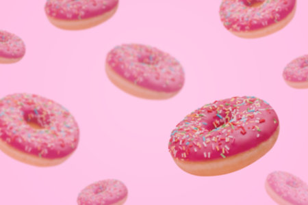 Flying donuts scene. Defocused abstract background. Pink icing donuts with colorful sprinkles over light purple backgroundの写真素材