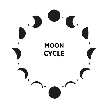 Whole moon cycle icon set. vector illustration. Round design concept with silhouette of moon phases and stars on white backdropのイラスト素材